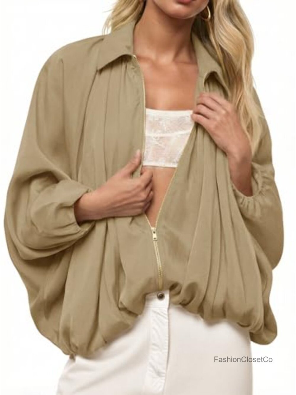 Womens Oversized Bomber Jacket Batwing Zip Up Lightweight Loose Fit